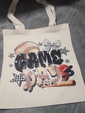 Canvas Tote Bag - Game Day Baseball Design - Cream. 13x15